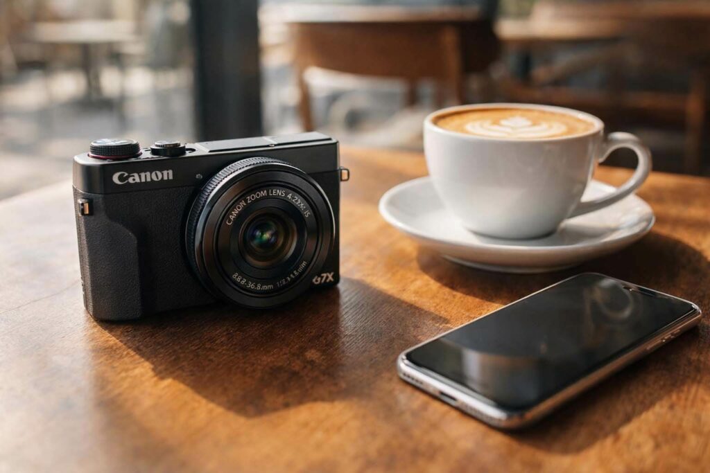 台中二手相機店收購 Canon Vlog 相機 / Selling used Canon Vlog camera at a Taichung store lifestyle shot.