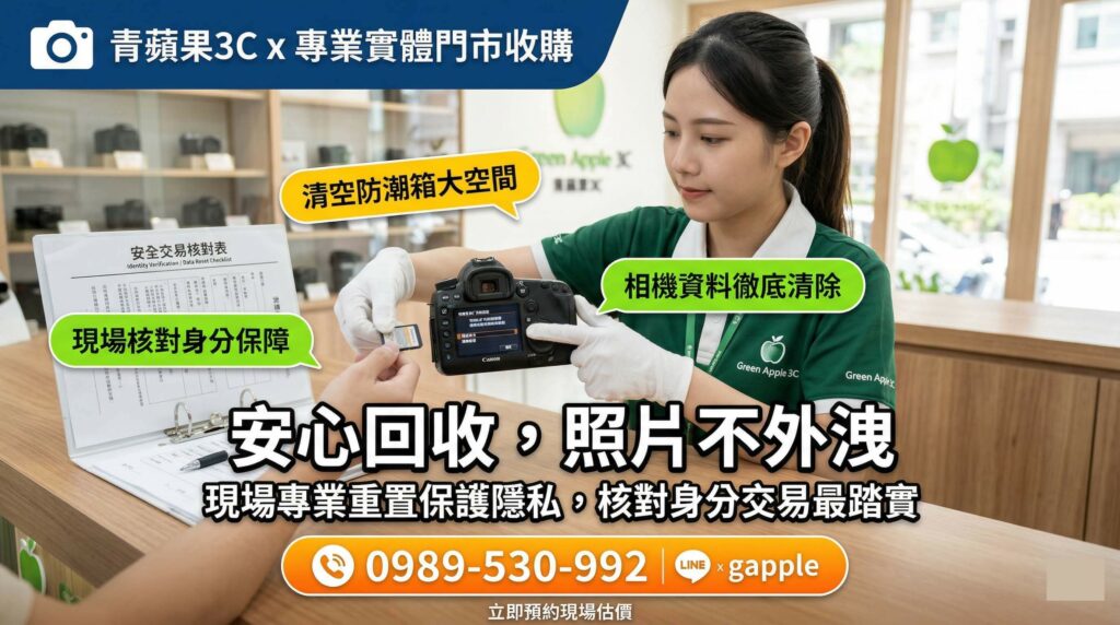 專業職人於實體門市使用強光手電筒檢測嚴重發霉的 Canon EF 二手鏡頭，以及顯示 Err 錯誤碼的故障單眼相機，評估內部完好零件的剩餘殘值