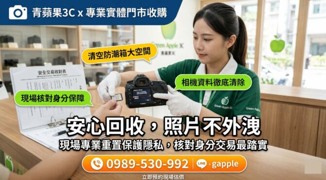 專業職人於實體門市使用強光手電筒檢測嚴重發霉的 Canon EF 二手鏡頭，以及顯示 Err 錯誤碼的故障單眼相機，評估內部完好零件的剩餘殘值